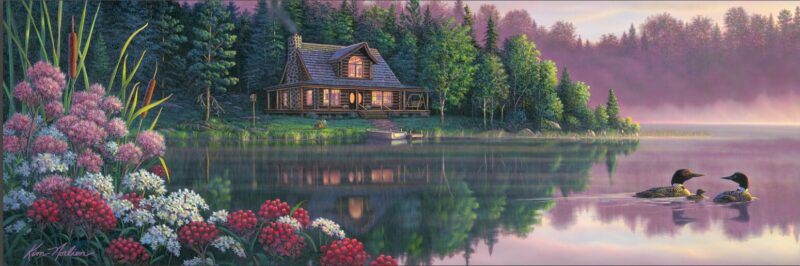 Kim Norlein Loons Cabin Sunrise Beside Still Waters Artwork Wood Framed Matted, Moose-R-Us.Com Log Cabin Decor