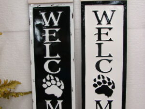 Vintage Enamel Style Metal Silhouette Bear Vertical Welcome Sign Black White