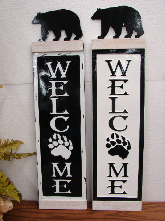 Vintage Enamel Style Metal Silhouette Bear Vertical Welcome Sign Black White, Moose-R-Us.Com Log Cabin Decor