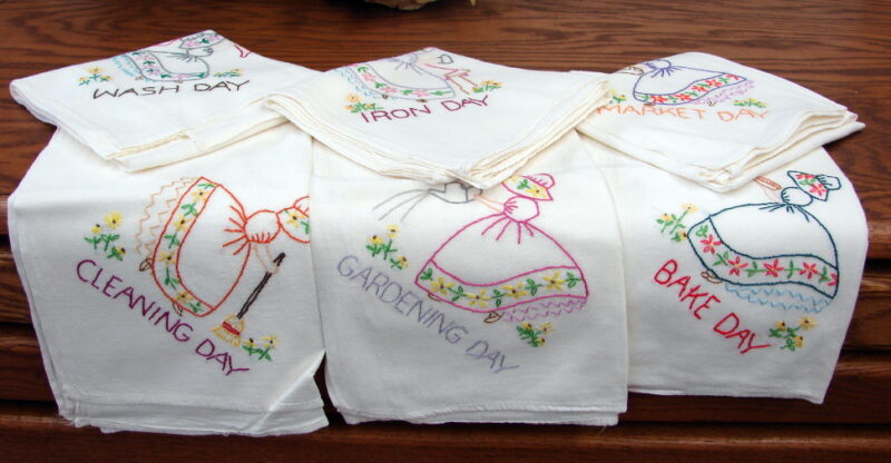 Vintage Embroidery Bonnet Hoop Skirt Day Dish Towels Set, Moose-R-Us.Com Log Cabin Decor