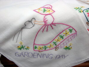 Vintage Embroidery Bonnet Hoop Skirt Day Dish Towels Set