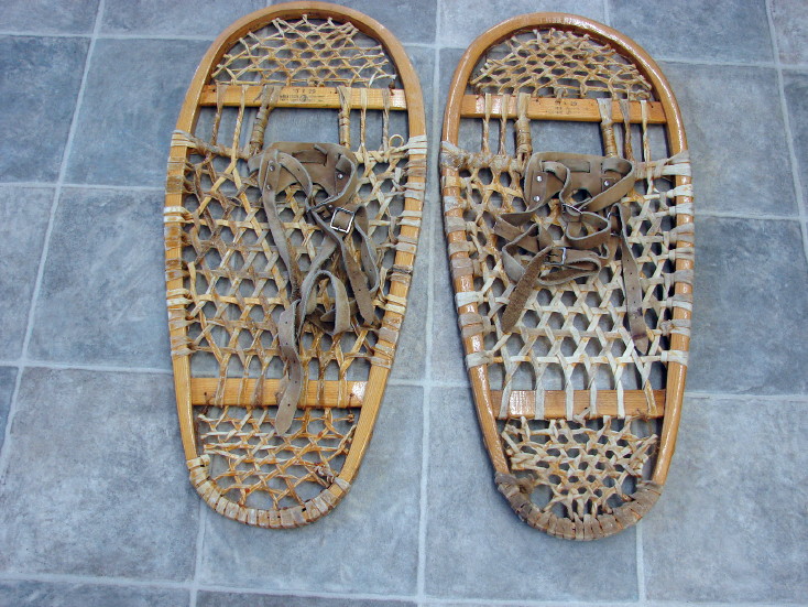 Vintage Rawhide Wood Gros Louis Bear Paw Snowshoes Leather Strap Bindings Canada, Moose-R-Us.Com Log Cabin Decor