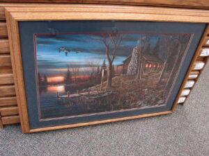 Jim Hansel Oversized Sofa Size Complete Serenity Log Cabin Geese Sunset Oak Framed Matted Artwork