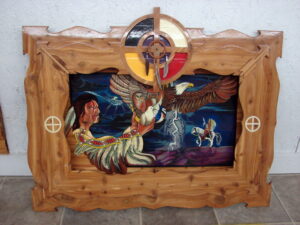 Vintage Large Native American Indian Painting Shadow Box Dream Catcher Ojibwe