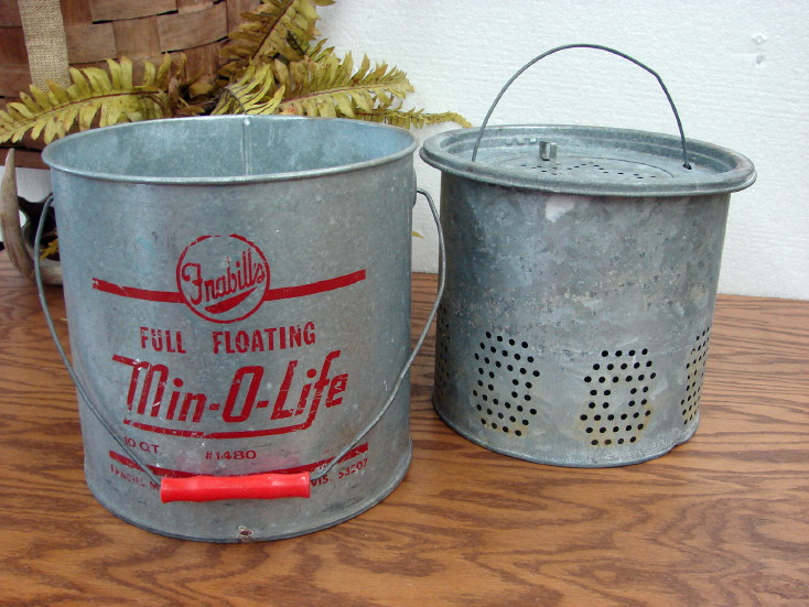 Vintage Galvanized Tin Frabill&#8217;s Full Floating Min-O-Life Minnow Bucket Complete, Moose-R-Us.Com Log Cabin Decor