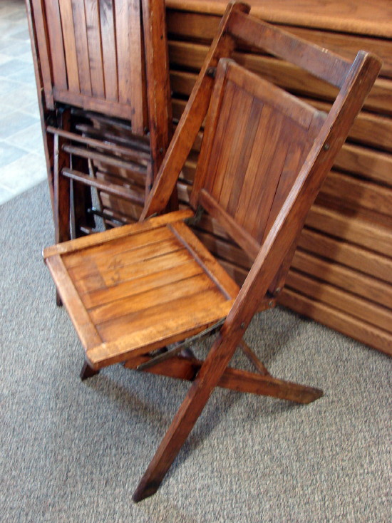 Set/4 Antique Simmons Wood Fold Up Chair Folding Chair w/ Slat Seat Back - Image 2