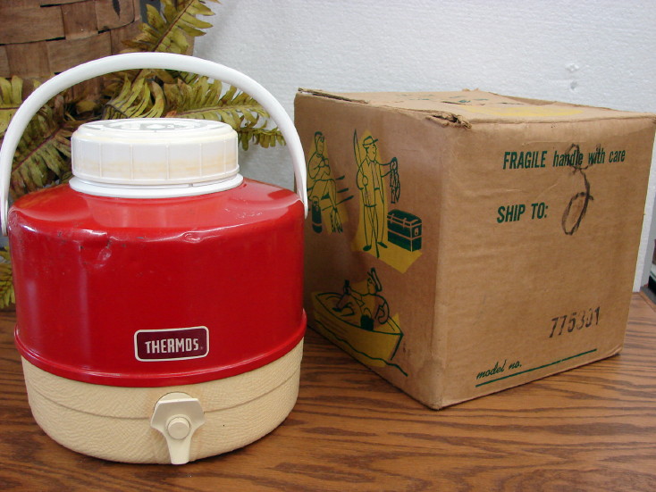 Vintage Red Thermos Picnic 1 Gallon Water Cooler Jug with Cup Spout and Box, Moose-R-Us.Com Log Cabin Decor