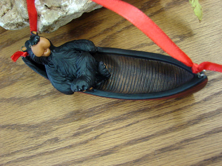 Willie Black Bear Relaxing in a Red Canoe Ornament, Moose-R-Us.Com Log Cabin Decor