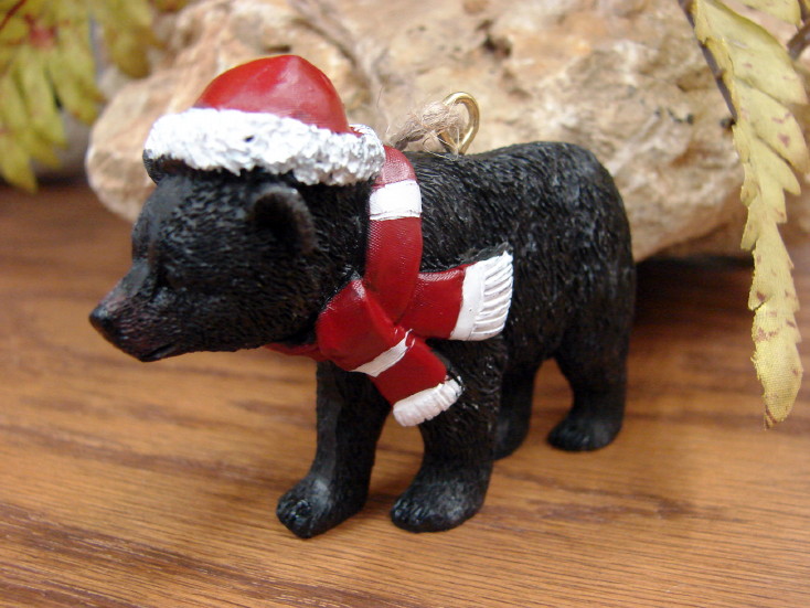 Detailed Resin Santa Hat Scarf Walking Black Bear Ornament, Moose-R-Us.Com Log Cabin Decor