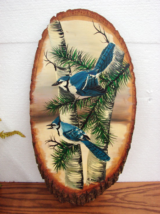 Hand Painted Blue Jay Birch Trees Pine Bough Wall Artwork Picture, Moose-R-Us.Com Log Cabin Decor