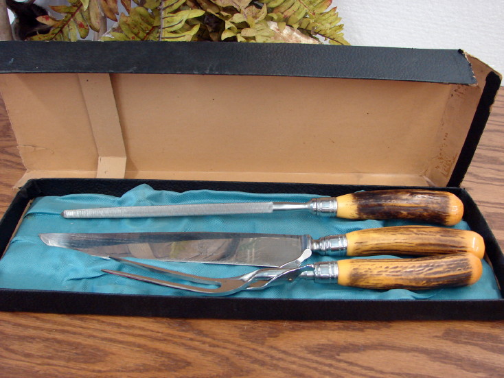 Vintage Box 3 Piece Carving Set Royal Brand Faux Stag Horn Knife Fork Sharpener, Moose-R-Us.Com Log Cabin Decor
