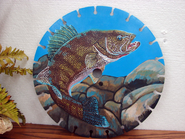 Hand Painted Walleye Fish Painting Original Pat King Saw Blade Segment #88, Moose-R-Us.Com Log Cabin Decor