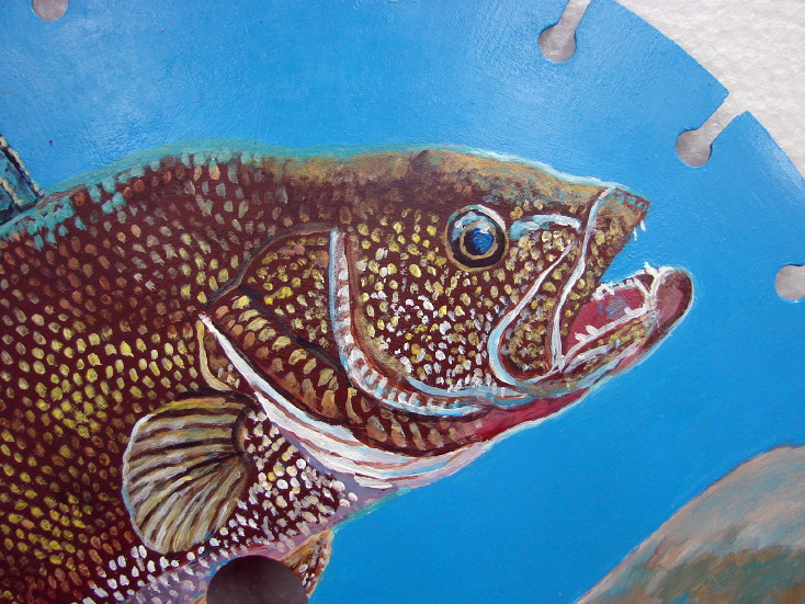 Hand Painted Walleye Fish Painting Original Pat King Saw Blade Segment #88, Moose-R-Us.Com Log Cabin Decor