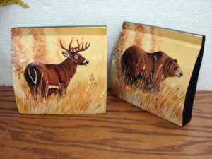 Hand Painted Whitetail Deer Grizzly Bear Painting Original Pat King Wood Log Siding Set #89