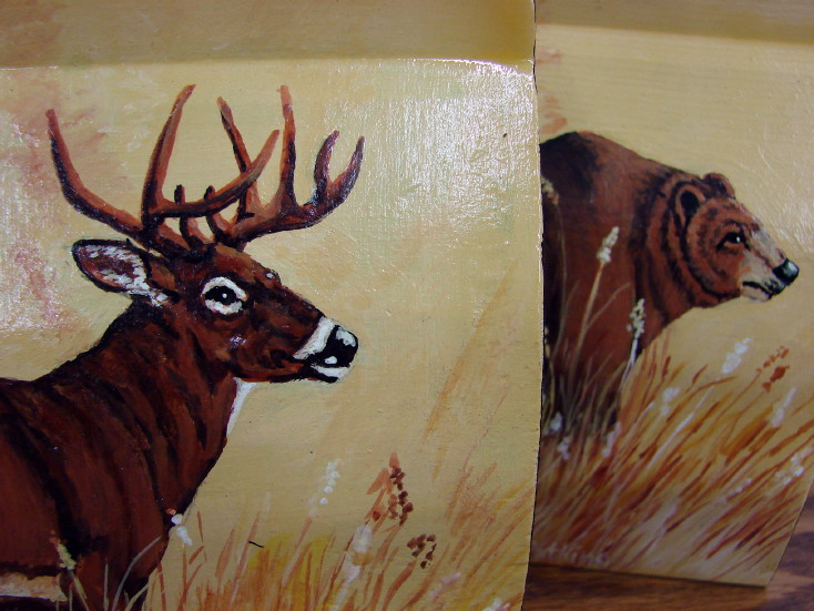 Hand Painted Whitetail Deer Grizzly Bear Painting Original Pat King Wood Log Siding Set #89, Moose-R-Us.Com Log Cabin Decor