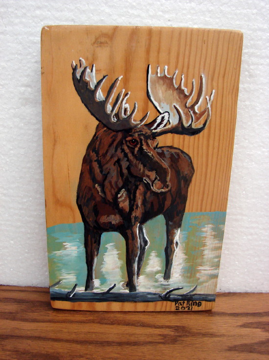 Hand Painted Moose Full Body Painting Original Pat King Wood Wood Block #90, Moose-R-Us.Com Log Cabin Decor