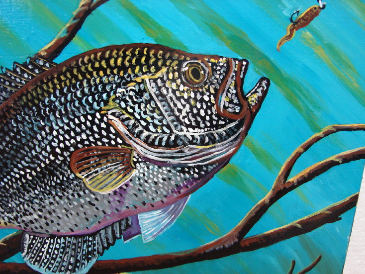 Hand Painted Panfish Fish Painting Original Pat King Wood Block Crappie #84  -  Log Cabin Decor