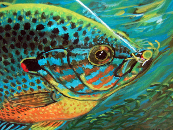 Hand Painted Panfish Fish Painting Original Pat King Wood Frame Red Breasted Sunfish #87, Moose-R-Us.Com Log Cabin Decor