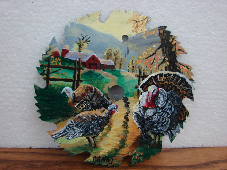 Hand Painted Wild Turkey Farmstead Painting Original Pat King Saw Blade #91, Moose-R-Us.Com Log Cabin Decor
