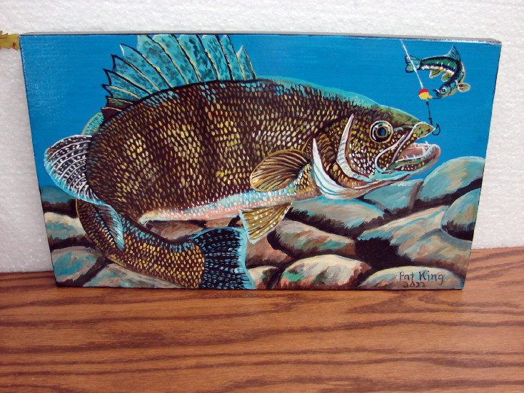 Hand Painted Walleye Fish Painting Original Pat King Wood Block #82, Moose-R-Us.Com Log Cabin Decor