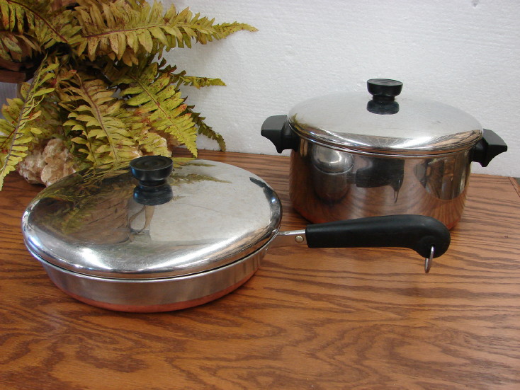 Vintage Revere Ware Copper Bottom Pots Pans Teapot Kitchen Cookware, Moose-R-Us.Com Log Cabin Decor
