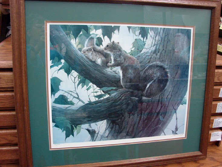 Framed Matted Mario Fernandez Gray Squirrel Artwork The Climbing Lesson, Moose-R-Us.Com Log Cabin Decor