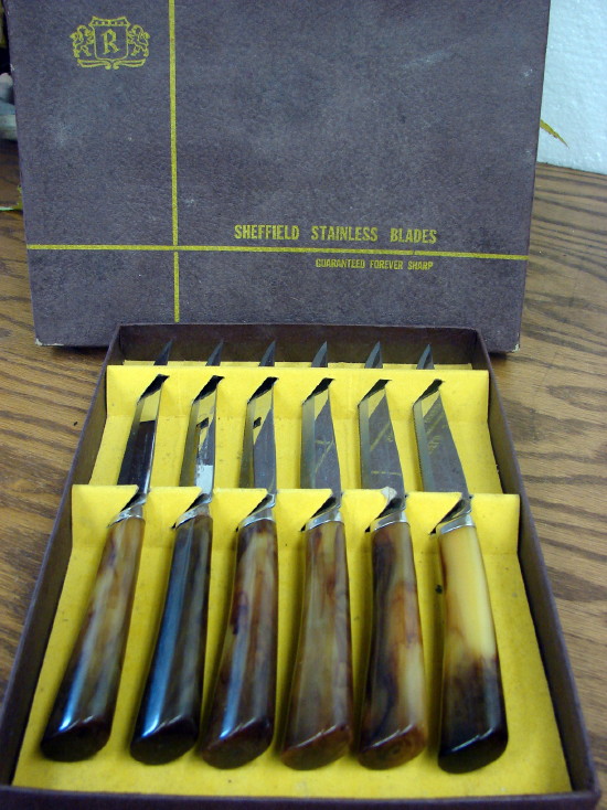 Vintage Box Set/6 W. Richardson Stainless Forever Sharp Steak Knives Bakelite Handle, Moose-R-Us.Com Log Cabin Decor