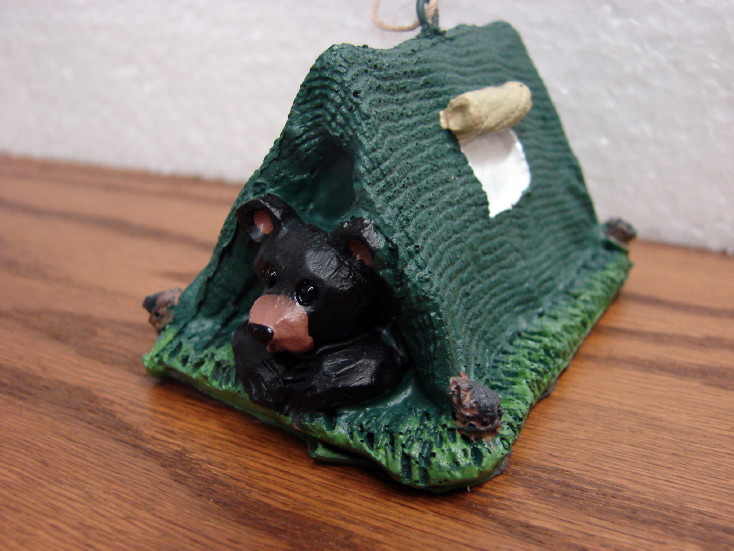 Detailed Resin Black Bear in Camping Pup Tent Ornament, Moose-R-Us.Com Log Cabin Decor