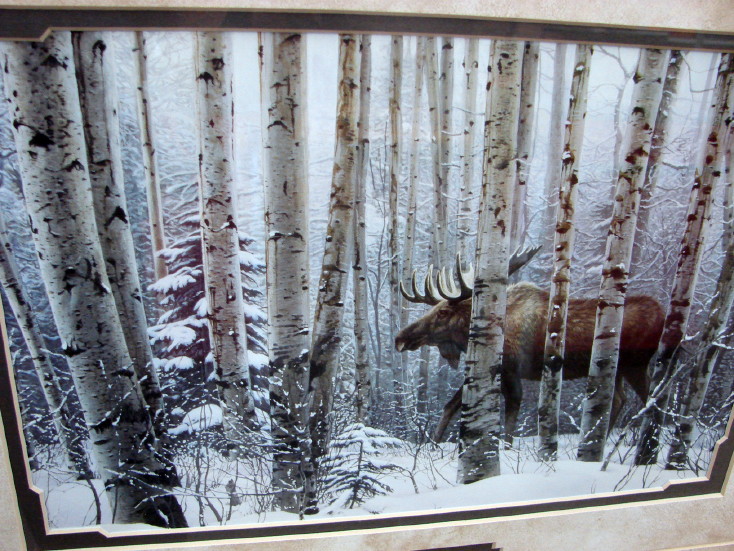 Steven Lyman Artwork A Walk in the Woods Moose Birch Trees Framed Matted Picture, Moose-R-Us.Com Log Cabin Decor