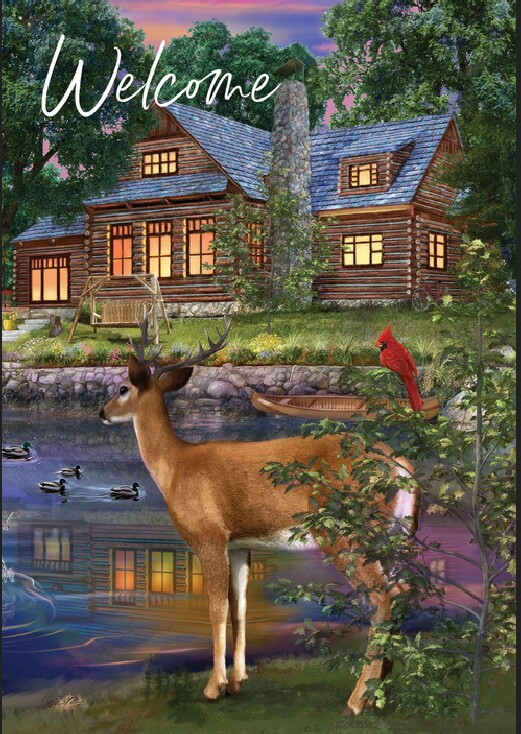 Double Sided Decorative Flag Porch Garden Decor Log Home Deer Pond Welcome, Moose-R-Us.Com Log Cabin Decor