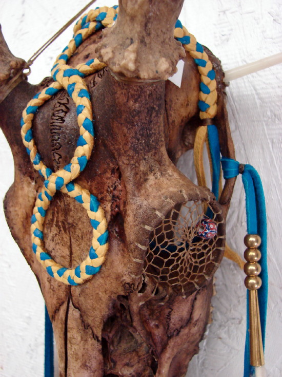 Authentic Native American Indian Deer Antler Skull Braided Leather Dream Catcher Eyes, Moose-R-Us.Com Log Cabin Decor