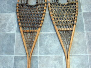 Vintage Rawhide Wood Canada Huron Snowshoes Leather Strap Bindings