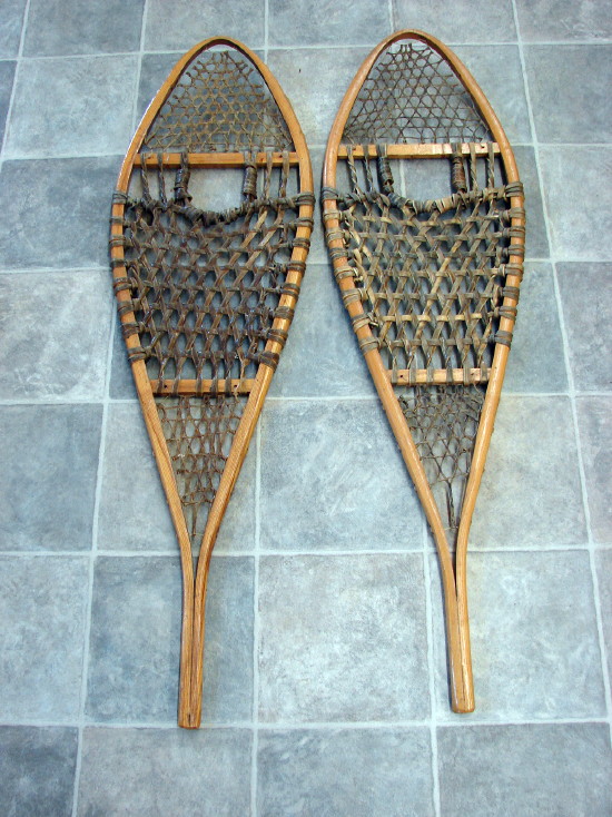 Vintage Rawhide Wood Canada Huron Snowshoes Leather Strap Bindings, Moose-R-Us.Com Log Cabin Decor