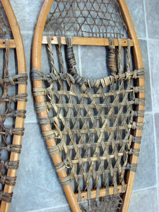 Vintage Rawhide Wood Canada Huron Snowshoes Leather Strap Bindings, Moose-R-Us.Com Log Cabin Decor