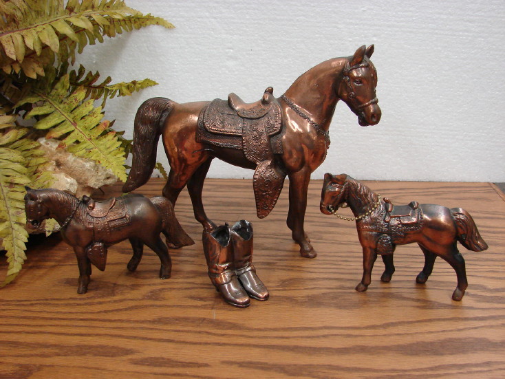 Vintage Copper Horse Figurines Dodge Inc USA Cowboy Boots Lot, Moose-R-Us.Com Log Cabin Decor