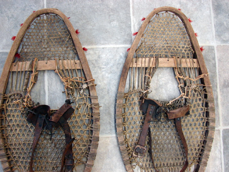 Rare Antique Snow Shoe Native American Indian Cree Huron Pom Pom Snowshoes, Moose-R-Us.Com Log Cabin Decor