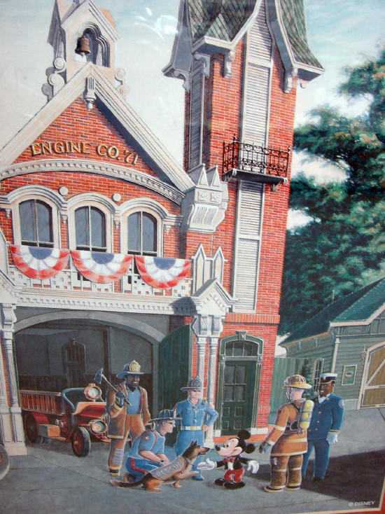 Framed Matted Randy Souders Retired Disney Print Firehouse Engine Co. 71 Mickey Mouse, Moose-R-Us.Com Log Cabin Decor
