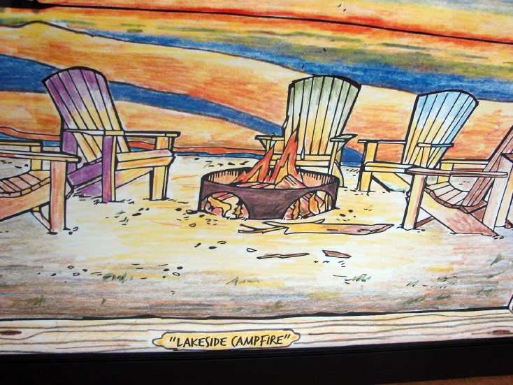 Framed Folk Art Lake Side Sunset Campfire Print Lakeside Camp Fire Drawing Original, Moose-R-Us.Com Log Cabin Decor