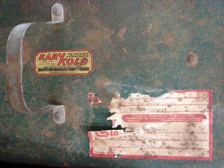 Antique Primitive Refrigerator Cooler Paper Pulp Kary Kold Mpls Shipping Label, Moose-R-Us.Com Log Cabin Decor