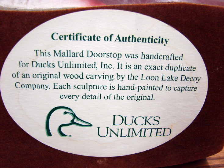 Ducks Unlimited Loon Lake Decoy Co. Frozen Lake Mallard Door Stop Retired, Moose-R-Us.Com Log Cabin Decor