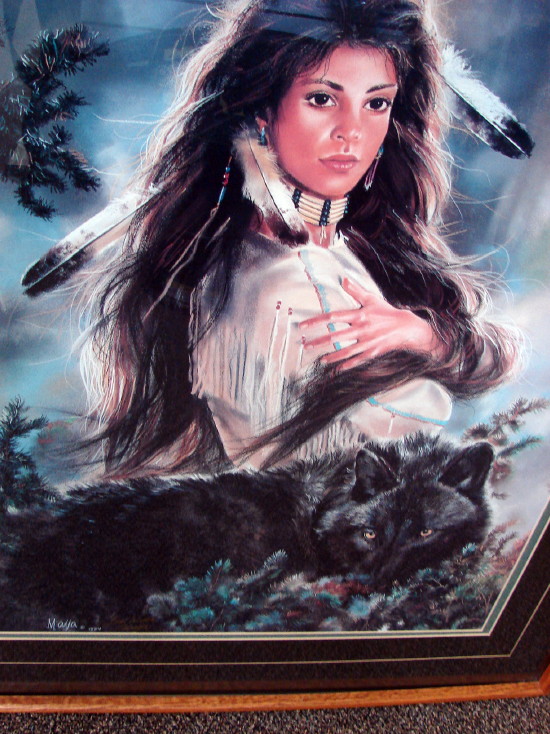 Framed Matted Black Magic Artwork Best Wishes Maija Native American Woman Wolf, Moose-R-Us.Com Log Cabin Decor