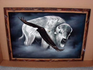 1970's Ortiz Black Velvet Sofa Size 36 x 24 Native American White Buffalo Bald Eagle Painting