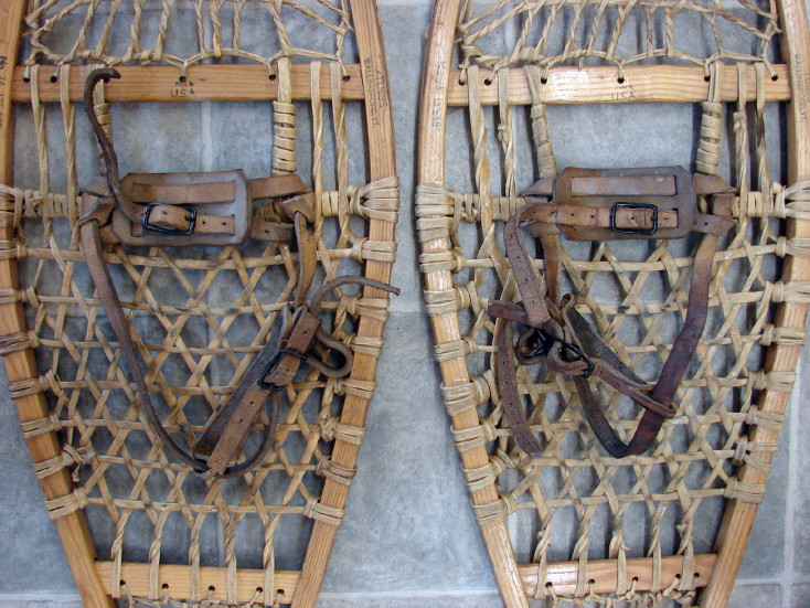 Vintage Rawhide Wood Tubbs Huron Snowshoes Leather Strap Bindings, Moose-R-Us.Com Log Cabin Decor