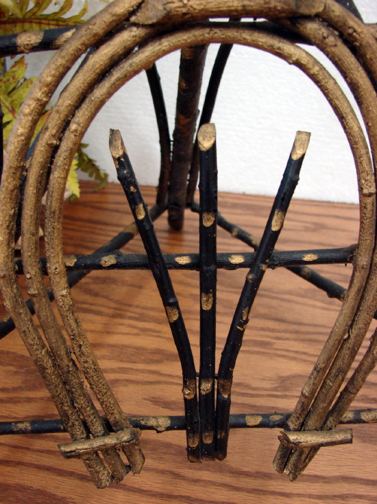 Rustic Antique Adirondack Bent Twig Branch Black Gold Horseshoe 3 Leg Table, Moose-R-Us.Com Log Cabin Decor
