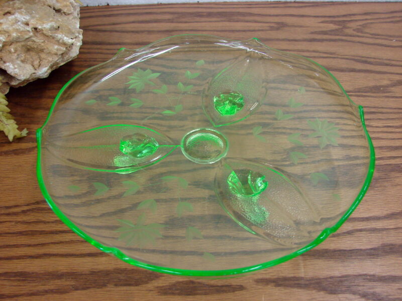 Vintage Vaseline Glass Uranium Green Roulette Sugar Swirl Serving Tray Platter, Moose-R-Us.Com Log Cabin Decor