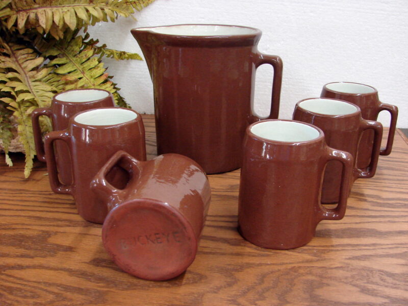 Vintage Buckeye Root Beer Stein Set Pitcher 6 Mugs Stoneware Redware, Moose-R-Us.Com Log Cabin Decor