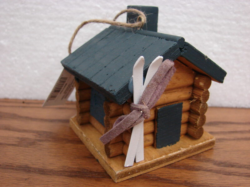 Miniature Detailed Ski Log Cabin Wood Ornament, Moose-R-Us.Com Log Cabin Decor