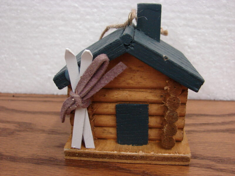 Miniature Detailed Ski Log Cabin Wood Ornament, Moose-R-Us.Com Log Cabin Decor