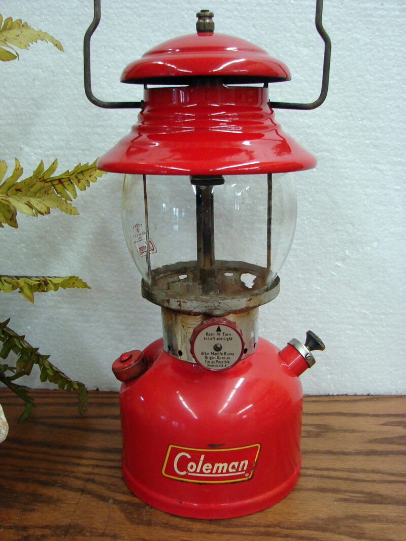 Vintage 1959 Coleman 200A Red Single Mantle Camping Lantern Complete Pyrex Globe 05/59, Moose-R-Us.Com Log Cabin Decor