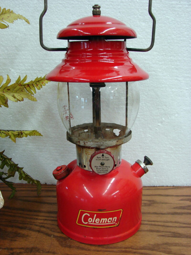 Vintage 1959 Coleman 200A Red Single Mantle Camping Lantern Complete PYREX Globe 05/59, Moose-R-Us.Com Log Cabin Decor